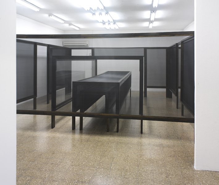 Untitled, 2011, variable size, wood, window screens, glass